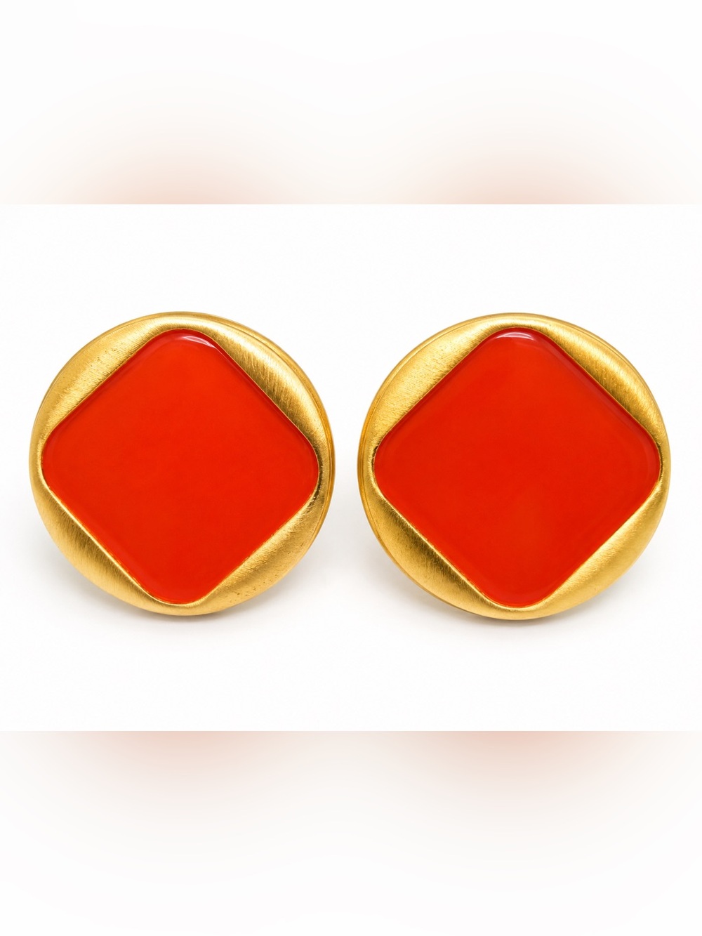 Vintage CJD Coral Orange Clip On Earrings | Oversized Gold Tone Statement Earrin